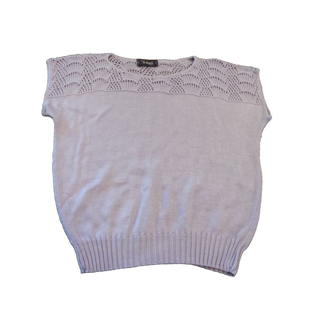 Vintage Ferlucci Lavender Knit Crochet Top M/L 19" PTP Cap Sleeve Cottagecore